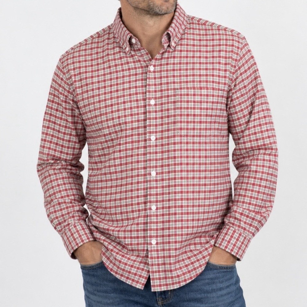 LL. Bean Red Check Slightly Fitted Stretch Oxford Button Down Shirt XL TALL